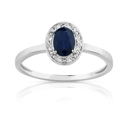 Bague or 375 blanc saphir ovale et diamants