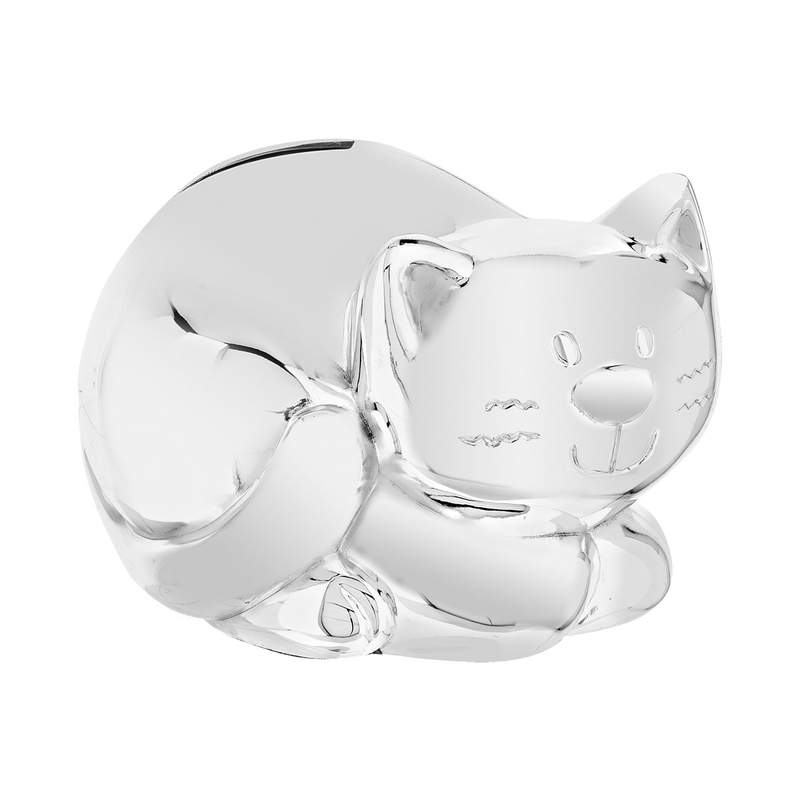 Tirelire métal blanchi d'argent chat - vue 1