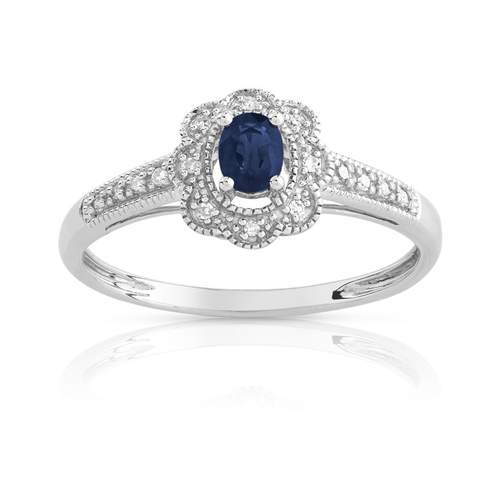 925 zilveren ring met ovale saffier en diamanten