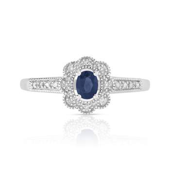 925 silver ring with oval sapphire and diamonds