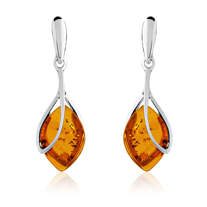Boucles d'oreilles argent 925 pendants ambre taille marquise - vue D1