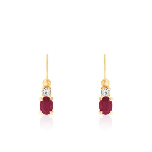 Boucles d'oreilles or 750 jaune brisures rubis ovale et zirconias