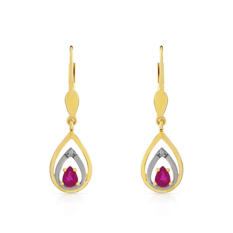 Boucles d'oreilles or 750 2 tons dormeuses rubis taille poire et diamants - vue 1