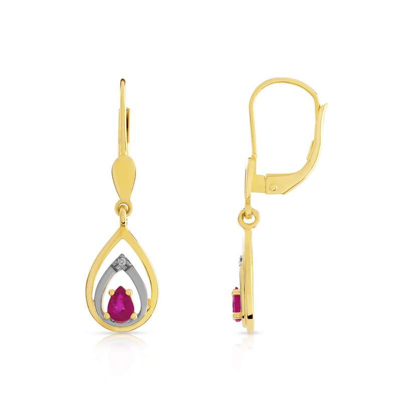 Boucles d'oreilles or 750 2 tons dormeuses rubis taille poire et diamants - vue D1