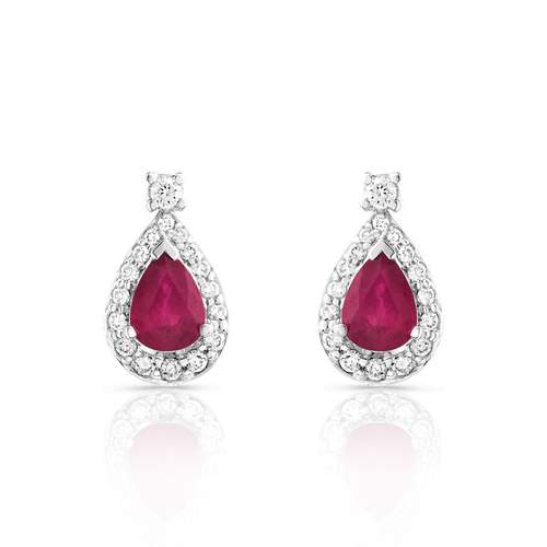 Boucles d'oreilles or 750 blanc dormeuses rubis taille poire et diamants