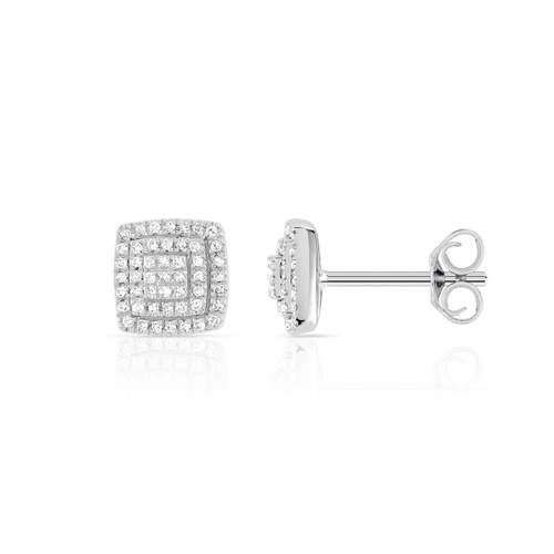 Boucles d'oreilles or 750 blanc carrées et diamants