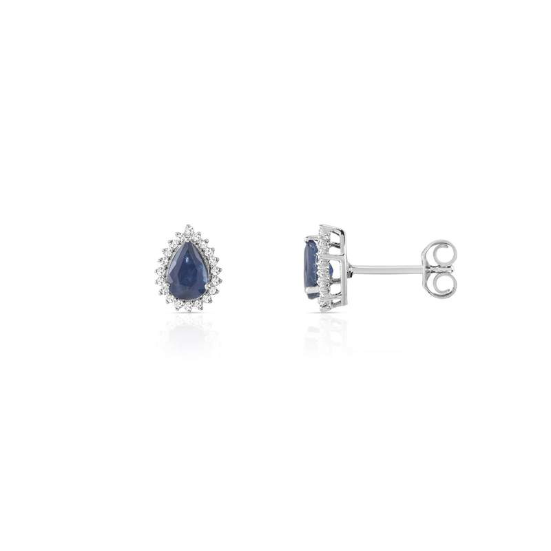 Boucles d'oreilles or 750 blanc gouttes saphirs taille poire et diamants - vue 1