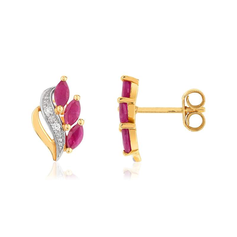 Boucles d'oreilles or 750 2 tons feuilles rubis taille marquise et diamants - vue 1