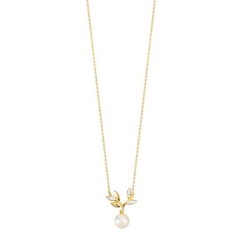 Collier or 375 2 tons feuillage perle de culture de Chine et diamants 45 cm