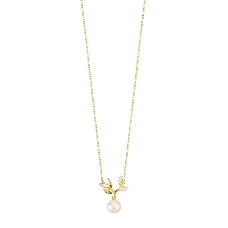Collier or 375 2 tons feuillage perle de culture de Chine et diamants 45 cm - vue 1