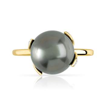 Gold ring 375 2 tone Tahitian cultured pearl and diamonds