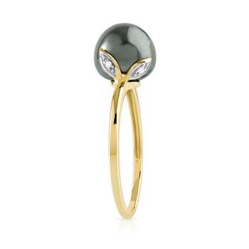Gold ring 375 2 tone Tahitian cultured pearl and diamonds