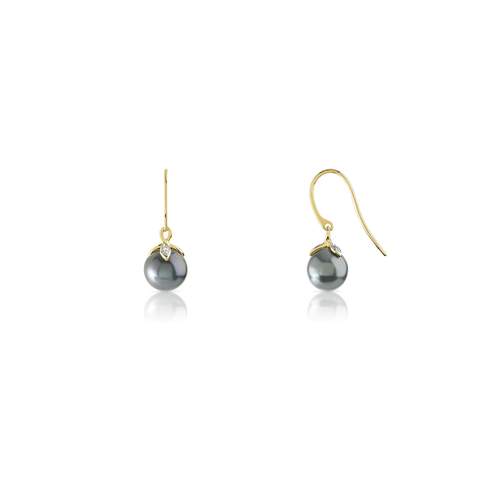 Boucles d'oreilles or 375 2 tons pendants perles de culture de Tahiti et diamants