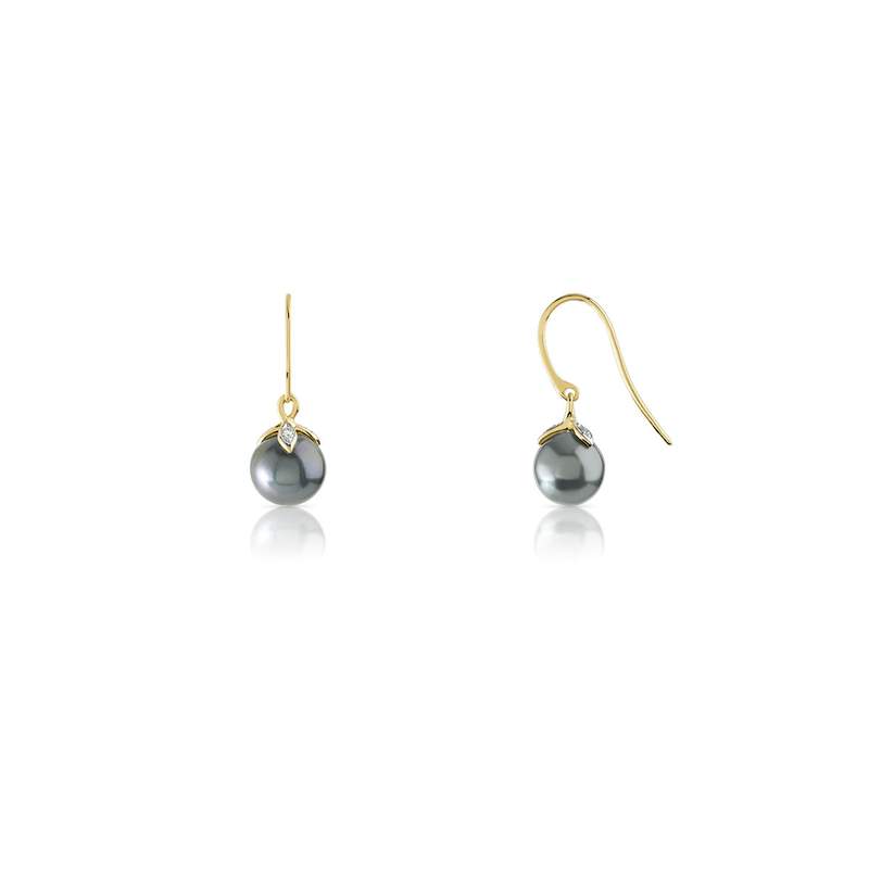 Boucles d'oreilles or 375 2 tons pendants perles de culture de Tahiti et diamants - vue 1