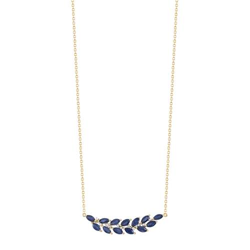 Collier or 375 2 tons feuille de laurier saphirs et diamants 45 cm