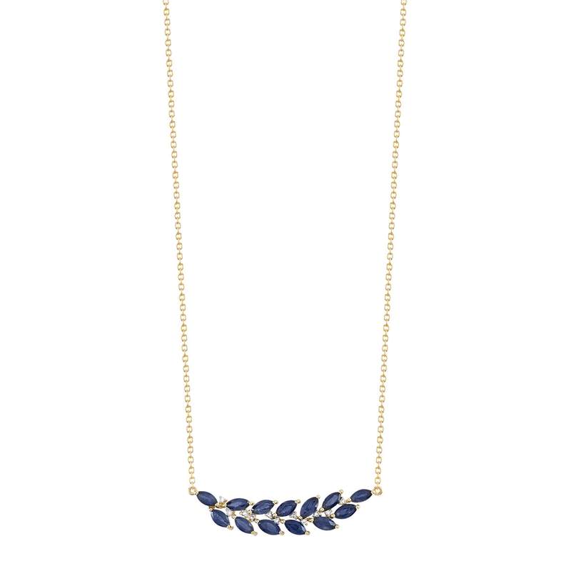 Collier or 375 2 tons feuille de laurier saphirs et diamants 45 cm - vue 1