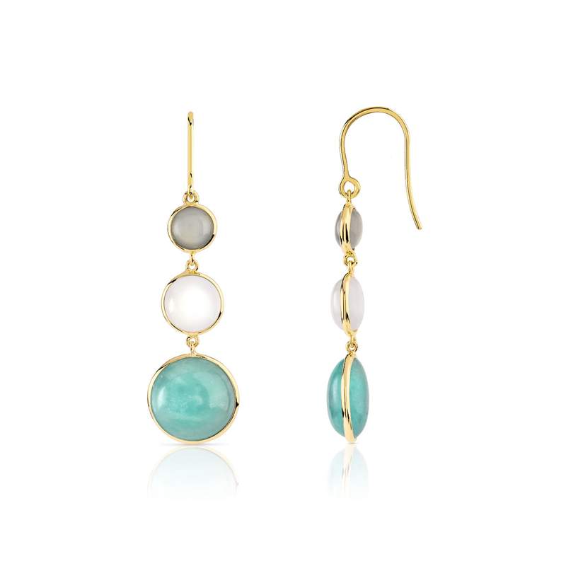 Boucles d'oreilles or 375 jaune pendants amazonites et pierres de lune - vue 1