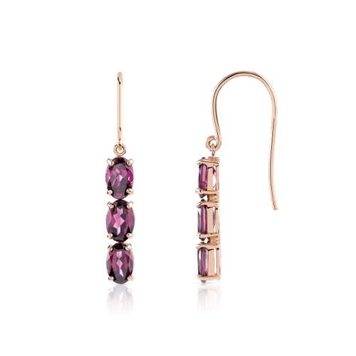 Boucles d'oreilles or 375 rose pendants grenats rhodolites ovales