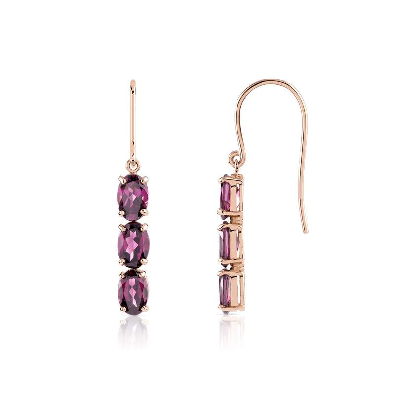 Boucles d'oreilles or 375 rose pendants grenats rhodolites ovales - vue 1