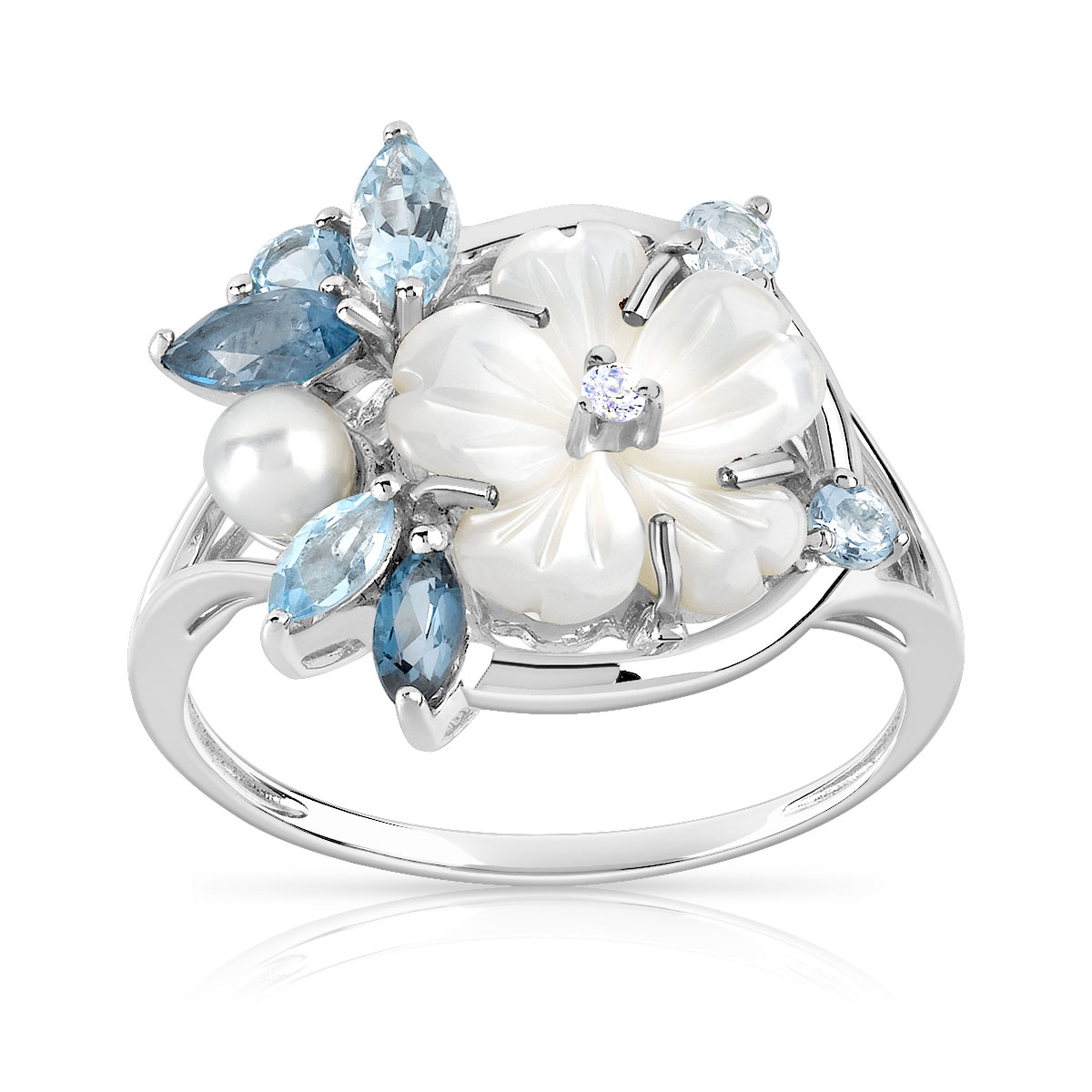 Bague or 375 blanc fleur pierres fines, nacre et perle de culture de Chine