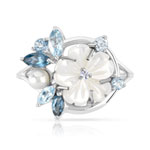 Bague or 375 blanc fleur pierres fines, nacre et perle de culture de Chine - vue 3