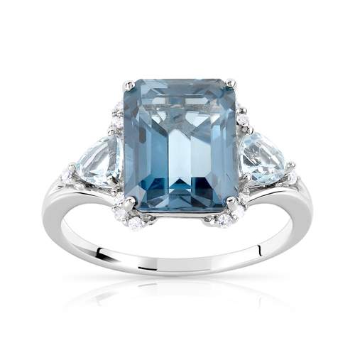 Bague or 375 blanc topaze bleue traitée rectangulaire et diamants