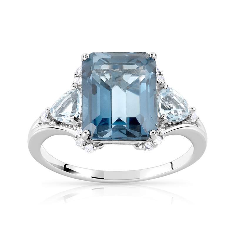 Bague or 375 blanc topaze bleue traitée rectangulaire et diamants - vue 1