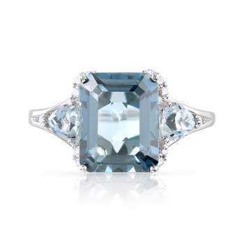 Rectangular treated blue topaz and diamond ring in 375 white gold