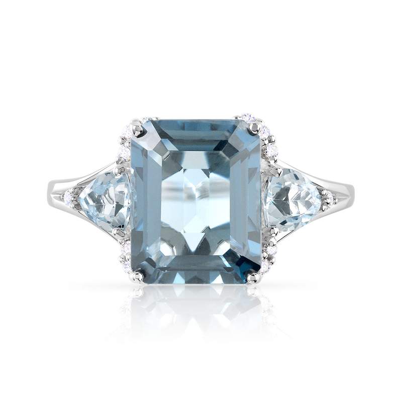 Bague or 375 blanc topaze bleue traitée rectangulaire et diamants - vue 3