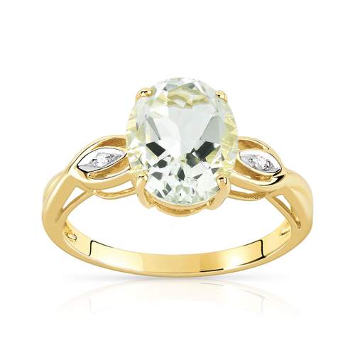 Bague or 375 2 tons quartz vert ovale et diamants