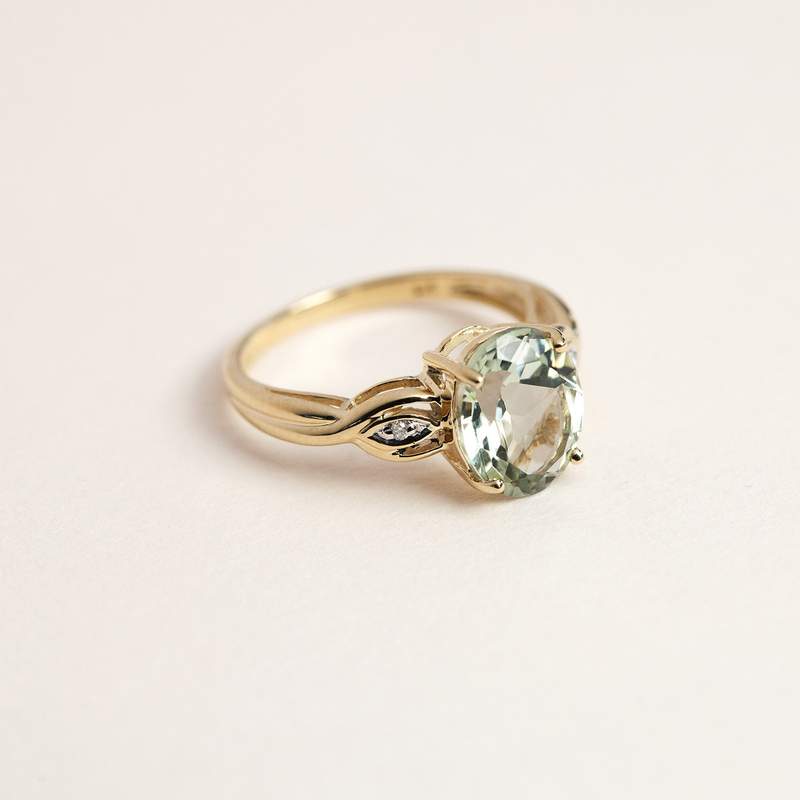 Bague or 375 2 tons quartz vert ovale et diamants - vue D6