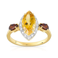 Bague or 375 2 tons citrine et grenat et diamant