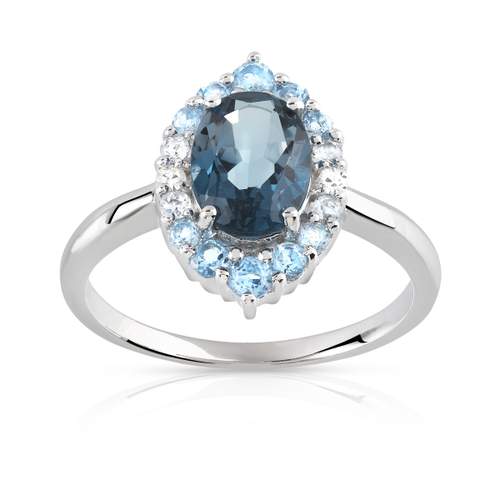 Bague or 375 blanc marquise topazes bleues traitées et diamants