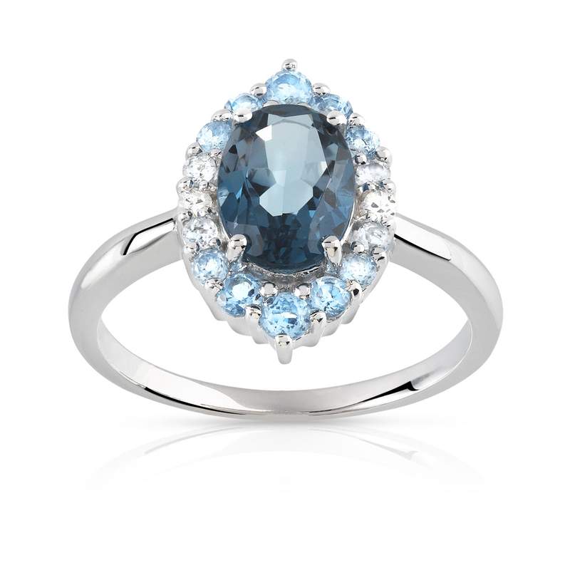 Bague or 375 blanc marquise topazes bleues traitées et diamants - vue 1