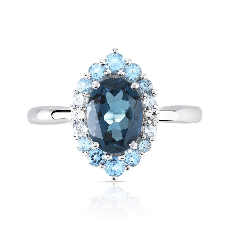 Bague or 375 blanc marquise topazes bleues traitées et diamants - vue 3