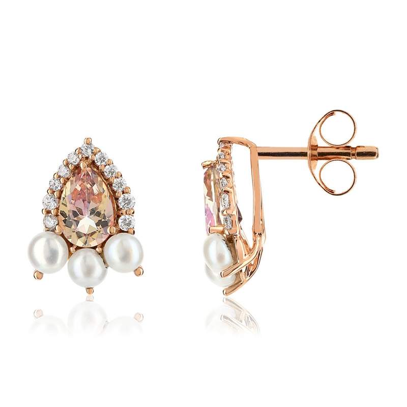 Boucles d'oreilles or 375 rose pierres et perle - vue 1