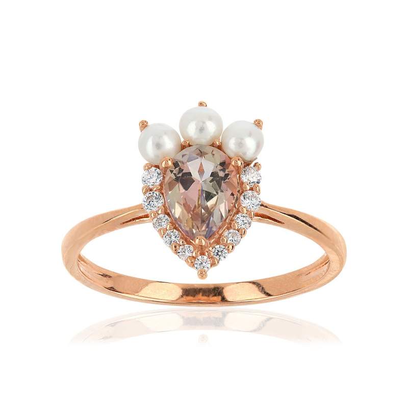 Bague or 375 rose topaze zirconia et perle - vue 1