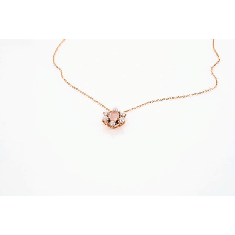 Collier or 375 rose quartz zirconia noir et perle - vue 2