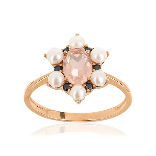 Bague or 375 rose quartz zirconia et perle
