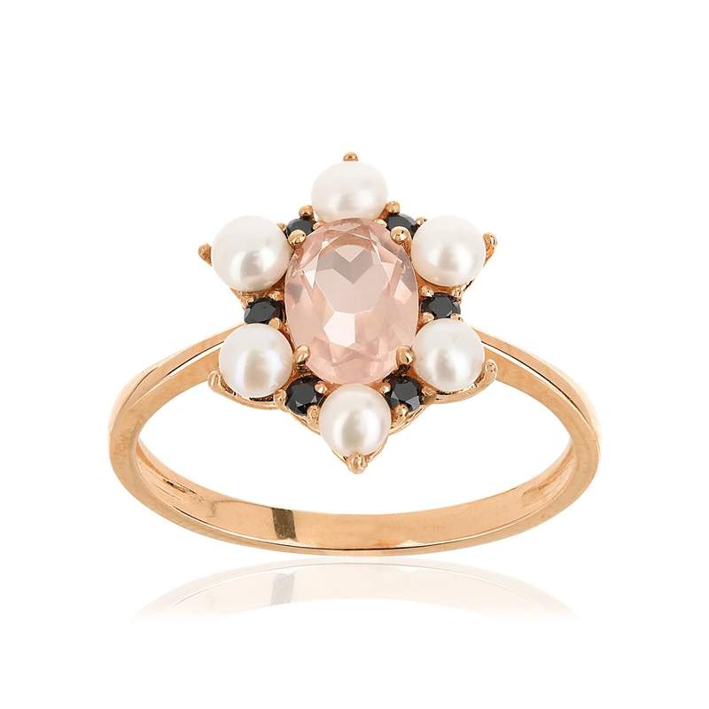 Bague or 375 rose quartz zirconia et perle - vue 1