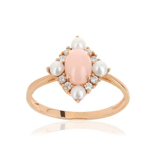 Bague or 375 rose opale zirconia et perle