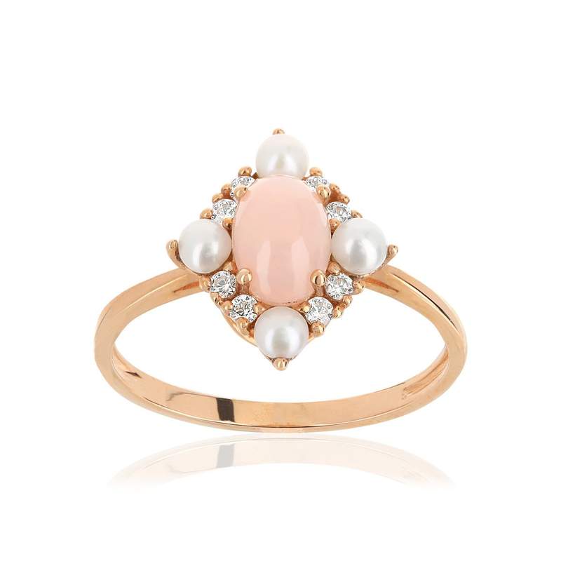 Bague or 375 rose opale zirconia et perle - vue 1