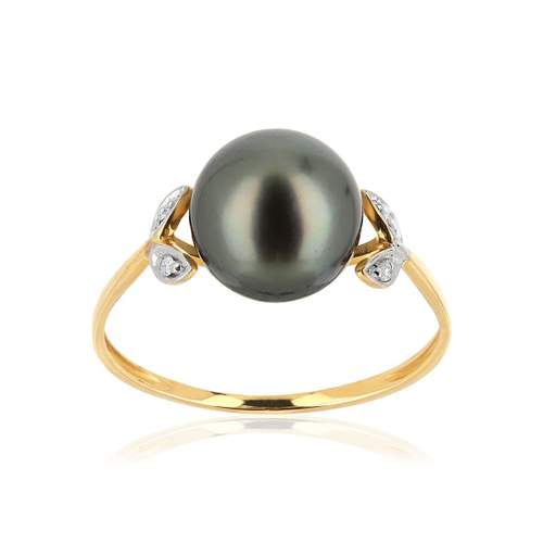 Bague or 375 2 tons perle de Tahiti et diamants