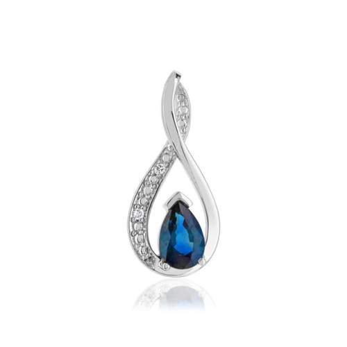 Pendentif or 375 blanc saphir taille poire et diamants