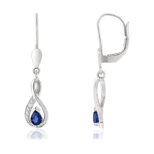 Boucles d'oreilles or 375 blanc pendants saphirs taille poire et diamants