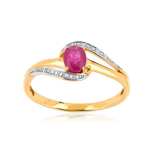 Bague or 375 2 tons rubis ovale et diamants
