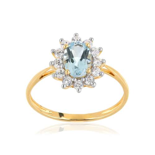 Bague or 375 2 tons fleur topaze bleue traitée ovale et zirconias