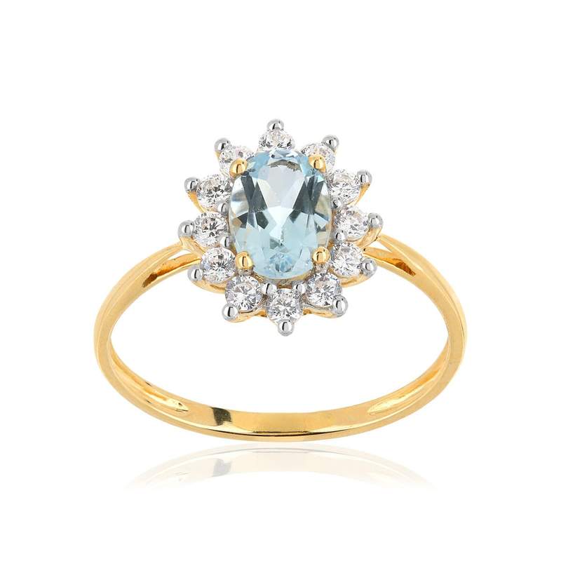 Bague or 375 2 tons fleur topaze bleue traitée ovale et zirconias - vue 1