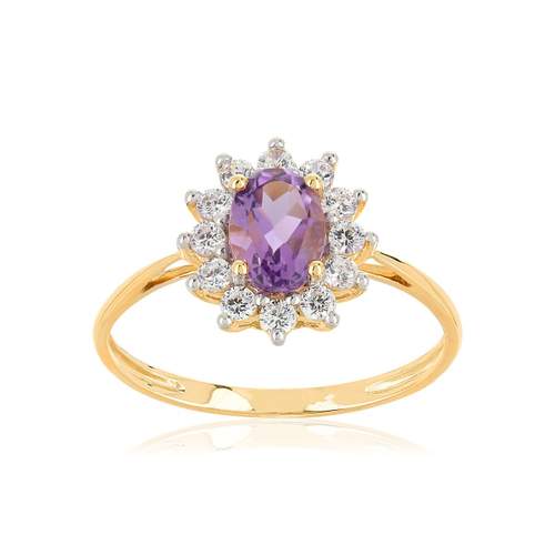Gold ring 375 2 tones oval amethyst flower and zirconias
