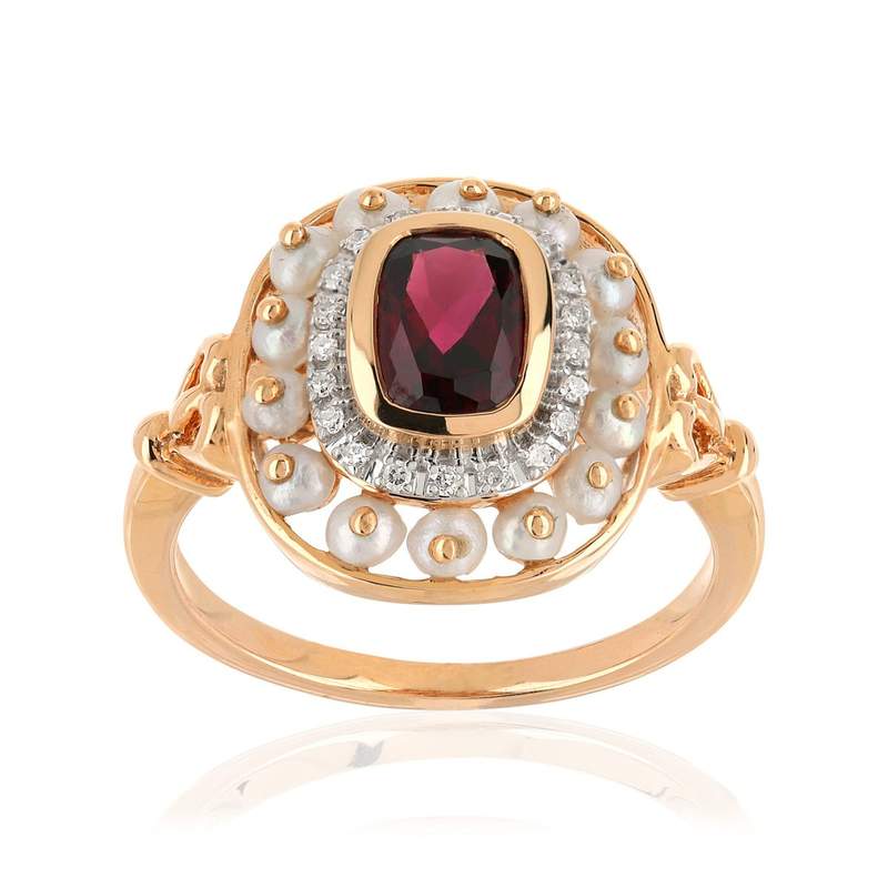 Bague or 375 rose 2 tons perles de culture de Chine grenat et diamants - vue 1